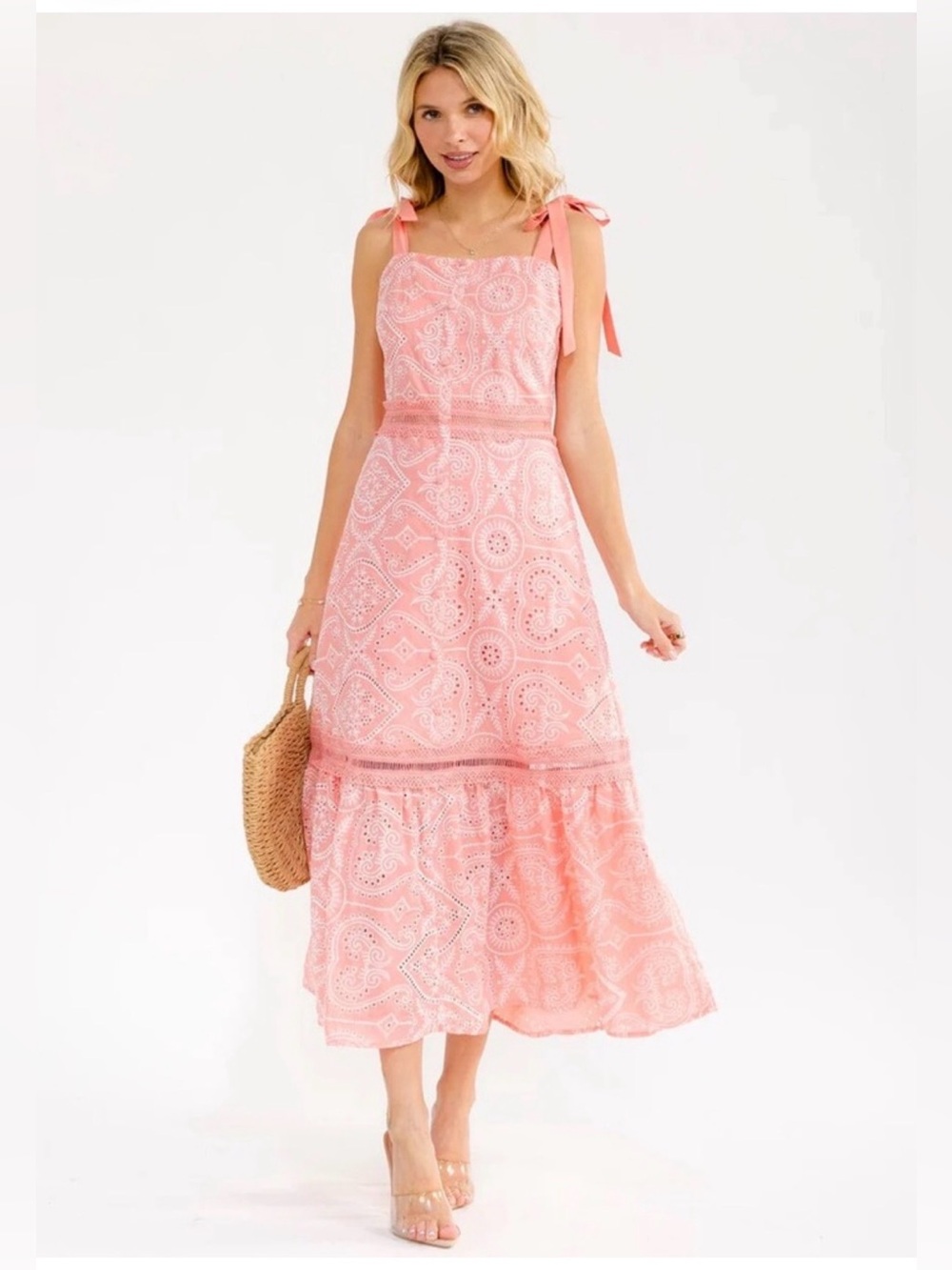 073 • Just Me Peachy Pink Eyelet Embroidered Maxi Dress